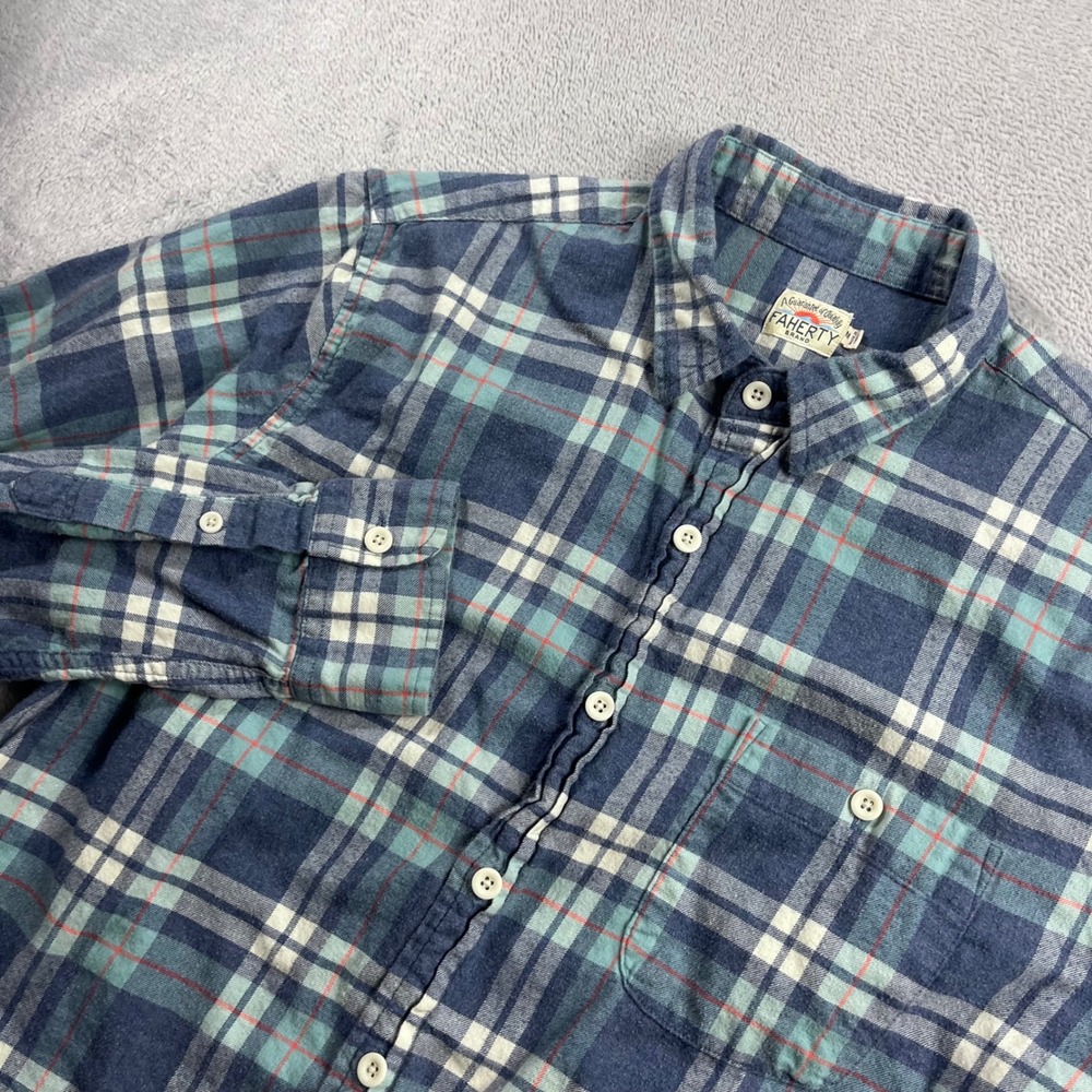 Faherty Brand Mens Blue Teal Plaid Flannel Button Down Shirt Size M